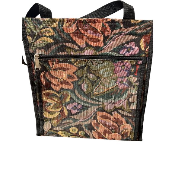 Vintage Floral Tapestry Zippered Tote Bag Front Pocket Black Handles Estate - Picture 1 of 6
